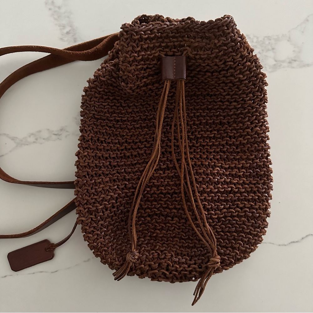 Vintage Ralph Lauren Hand Knit Open Weave Leather Backpack Dark Chocolate Brown - Picture 6 of 8